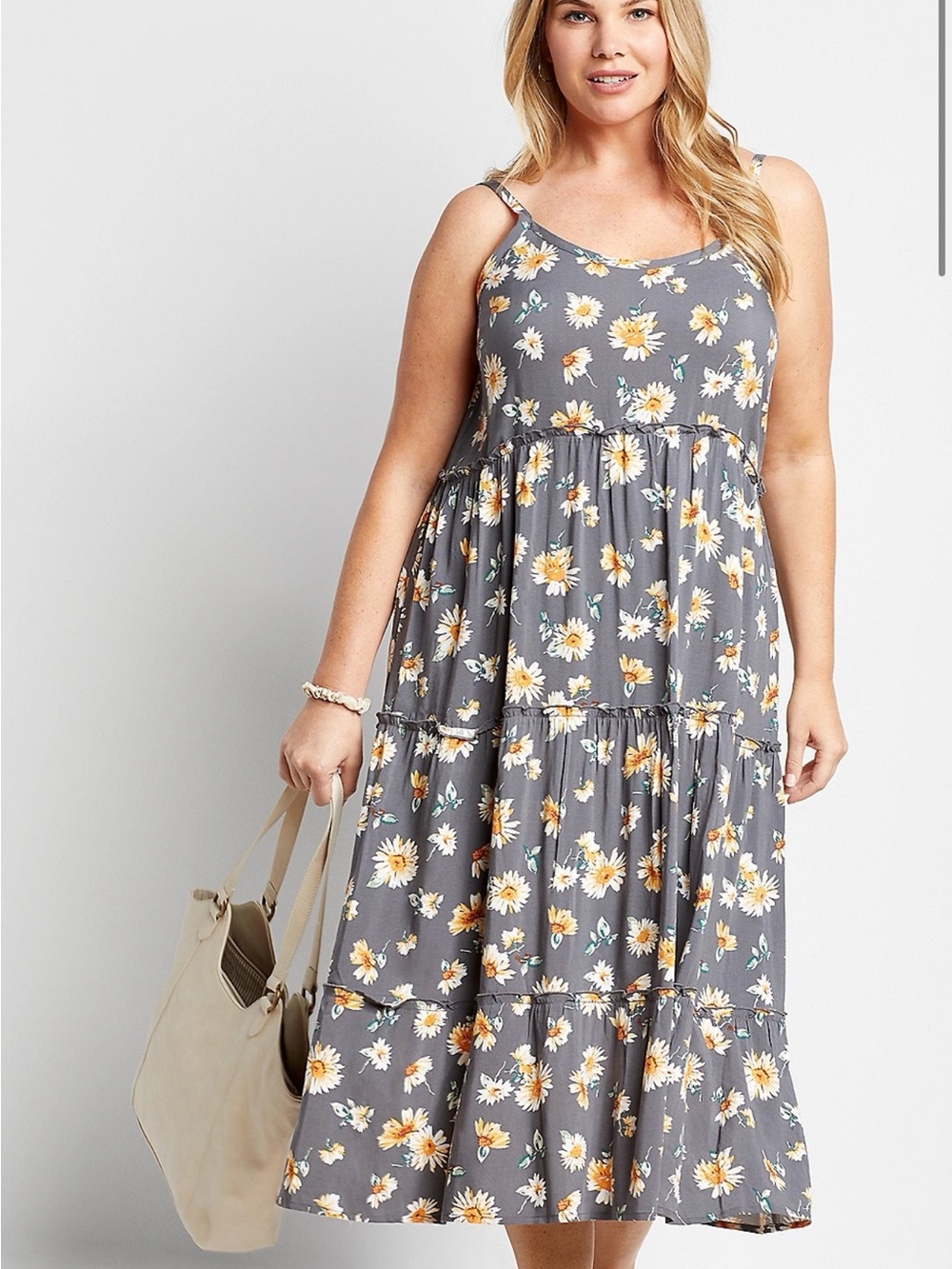 Floral Spaghetti Strap Sundress - Charcoal with Yellow Daisies, Size XL